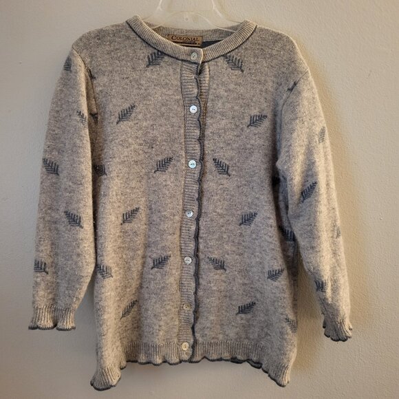Vtg Colonial Concepts New Zealand Lambswool Angora Gray Print Cardigan Size Med - Picture 1 of 11